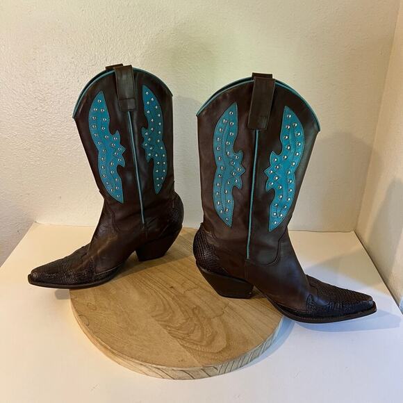 BCBG Y2K Brown Genuine Leather Studded Western Turquoise Boots Size 8.5 - Picture 3 of 16